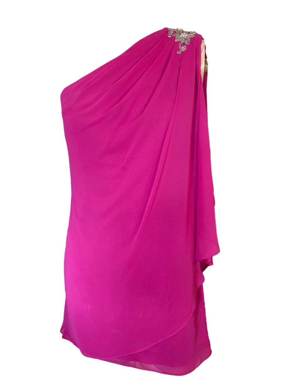 JS Boutique One-Shoulder Hot Pink Chiffon Dress with Embellished Shoulder  gb2